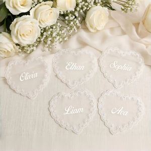 Custom Artificial Heart-Shaped Polyester Lace Thermal Transfer Printed Low MOQ Reusable <b>Name</b> <b>Cards</b> Romantic <b>Wedding</b> Party Table - Product Image 5