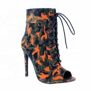 Botines de tacón alto para mujer, talla grande 43, camuflaje, punta abierta, tacón fino, con cordones delanteros, zapatos de vestir con bolsos - Product Image 4