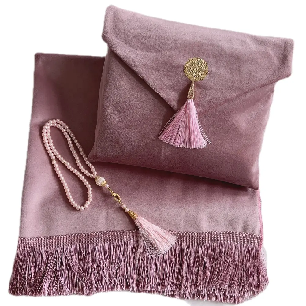 Nude pink Plain type soft velvet material with pouch washable pink color folded prayer rug mat for muslim gits set with prayer