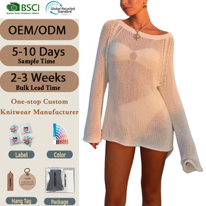 Robe pull tricotée ajourée à manches longues pour femme, coupe trapèze sexy, idéale pour les vacances en bord de mer - Product Image 1