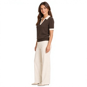 Camiseta de Punto de Algodón 100% Transpirable para Mujer, Manga Corta, Cuello en Contraste, Cuello en V, Dobladillo Acanalado, Informal, para Oficina, Verano, OEM Personalizado - Product Image 3