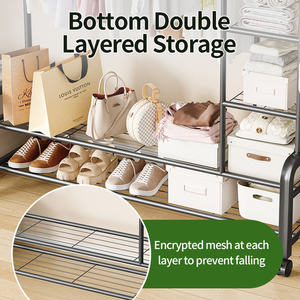 Perchero Móvil Multifuncional Personalizable de Doble Barra con Estantes de Almacenamiento, Estructura de <span class=keywords><strong>Metal</strong></span> Inoxidable para Dormitorio y Balcón - Product Image 4