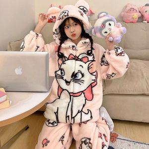 بيجامة نسائية شتوية جديدة مع بيجامات فلانيل سميكة قطيفة ولطيفة مع سحاب قطة بغطاء رأس - Product Image 3