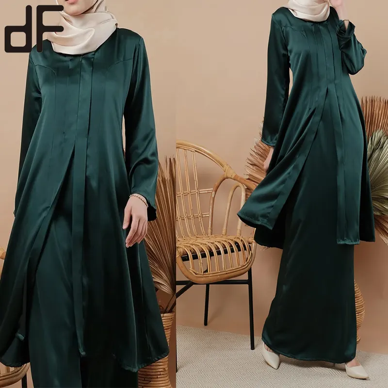Baju Muslim Indonesia Baju Muslim Warna Solid Atasan V-neck dan Rok A-line Kebaya Modern Dua Potong Baju Kurung Dress