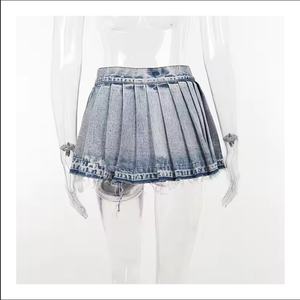 Jupes en jean d'été 2025 pour femmes, jupes mini sexy rétro taille basse 100 % coton délavé à l'acide avec franges - Product Image 6