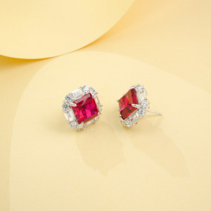 925 Sterling Silver Emerald Cut Lab Created Ruby Halo <b>Stud</b> Earrings - Product Image 3