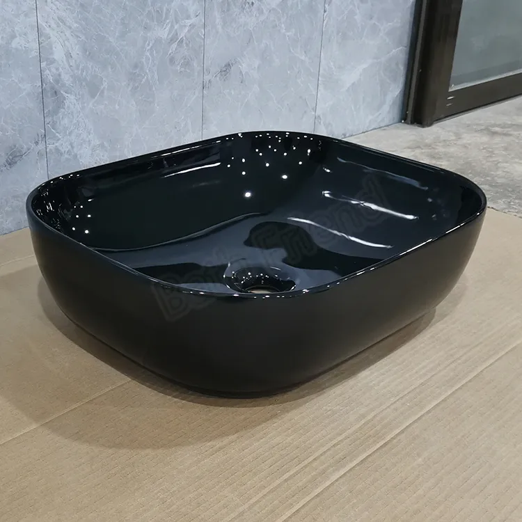 Lavabo de cerámica de lujo para hotel, lavamanos de mano, negro brillante