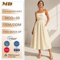 Robe midi personnalisée en lin vintage français à col carré, Robe de soirée d'été pour femme à taille smockée, Fabricant de boutique OEM