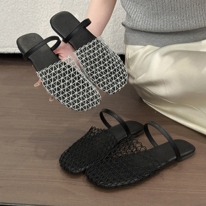 New Summer Women's European American-Style Fishnet-Weave Openwork Roman Sandals Flat Round-Toe Wrap-Around <b>Half</b>-<b>Slip</b>-On - Product Image 1