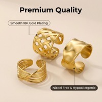 Vintage Geometrischer Breiter Edelstahlring 18K Vergoldet mit Kristall-Strass-Einlage und Hakenmuster, Verstellbar und Wasserdicht