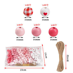 Wood Beads Set Round Pink <b>Red</b> Checkered Heart Pattern For <b>Bracelet</b> Making Valentine's Day Decoration 10M Hemp Rope Included - Product Image 2