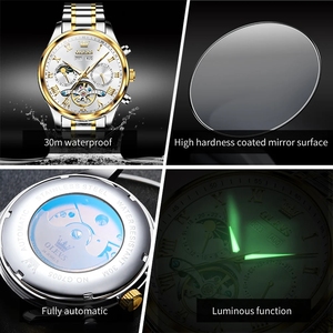 Montre automatique originale OLEVS 7005 pour homme, cadran romain, mécanique, phase de lune, squelette, luxe, étanche. - Product Image 2