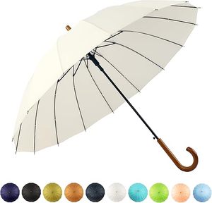 Auto Open Solid Color Fashionable and Simple Arc Classic Wood Handle Windproof Unbreakable Stick Rain Umbrella - Product Image 1
