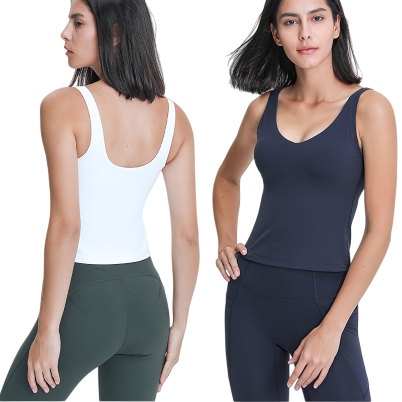 LOW MOQ Custom logo Women's Running Gym Fitness Sports Top Breathable for V-Neck Yoga Fitness Vest with Chest Pad