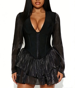 เดรสคอร์เซ็ทไซส์ใหญ่สำหรับผู้หญิง คอวี แขนยาว ผ้าบางเบา แต่งระบายชายกระโปรง ชุดเดรสออกงานแฟชั่น - Product Image 6