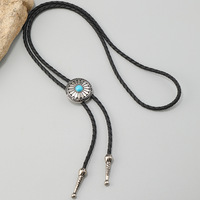 Hommes Femmes Américain Bolo Cravate Western Cowboy PU Cuir Corde Cravate Métal Fleur Turquoise Pendentif Western Collier