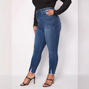 Pantalones vaqueros ajustados azules de talla grande para <span class=keywords><strong>mujer</strong></span>, mallas de lápiz elásticas de cintura alta, estilo Mom Fit, mezclilla ajustada con dobladillo deshilachado para invierno - Product Image 3