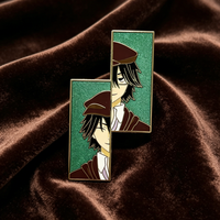 Épinglette personnalisée en émail dur, rectangulaire verticale, avec personnage d'anime garçon et fond vert pailleté