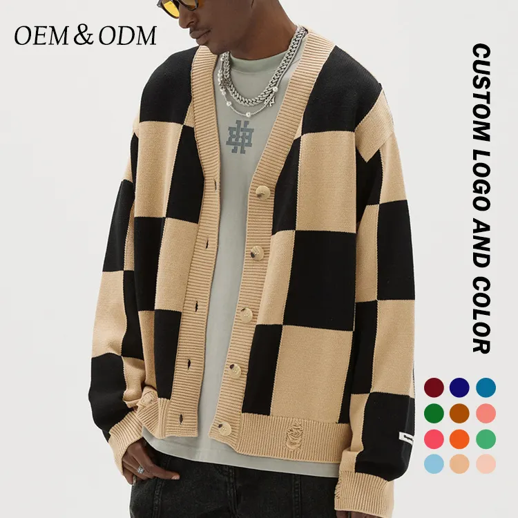 Customized Men V-Neck Knit Sweater Anti-pilling Cardigan Knit Checkerboard Jacket Breathable Warm Cardigan Sweater