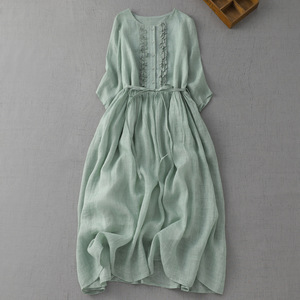 2023 Summer Artistic Vintage Neck Double-Layer <strong>Ethereal</strong> Lace-Up Loose Waist Mid-Length Travel Vacation <strong>Dress</strong> Women's Thin Pocket - Product Image 2