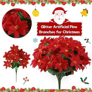 الأكثر مبيعًا فروع بلين صناعية لامعة 5 رؤوس من المخمل البونسيتة بوش زهور عيد الميلاد - Product Image 3