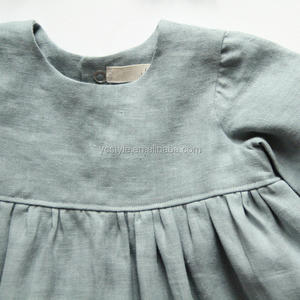 Vestido de Bautizo para Bebé Niña, Color Gris Sólido, Lino, Mangas Largas, Volantes, Cuello Redondo, Lino Prelavado, Silueta de Sirena, Otoño - Product Image 3