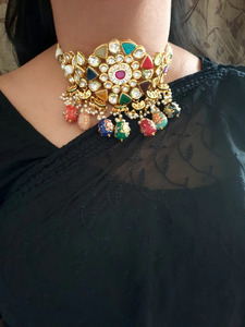 Navratana Stone Jadau Kundan Choker Set with Earrings Traditional Indian Bridal Wedding Jewelry Ethnic <b>Statement</b> <b>Necklace</b> - Product Image 5