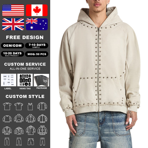 Sweat à capuche zippé KingSen personnalisé pour homme, automne-hiver, tricoté, épais, 100 % coton, doublé, avec rivets métalliques, imprimé oversize, écologique - Product Image 2