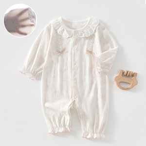 Mameluco de algodón de manga larga para bebé niña, pelele fino de verano con cuello de encaje, body para recién nacida, traje para gatear - Product Image 1