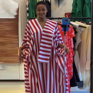 Vestido largo informal <span class=keywords><strong>de</strong></span> ocio con cuello en V y manga murciélago a rayas, estilo holgado, para <span class=keywords><strong>mujer</strong></span>, novedad primavera 2026, transfronterizo europeo-americano y africano. - Product Image 1