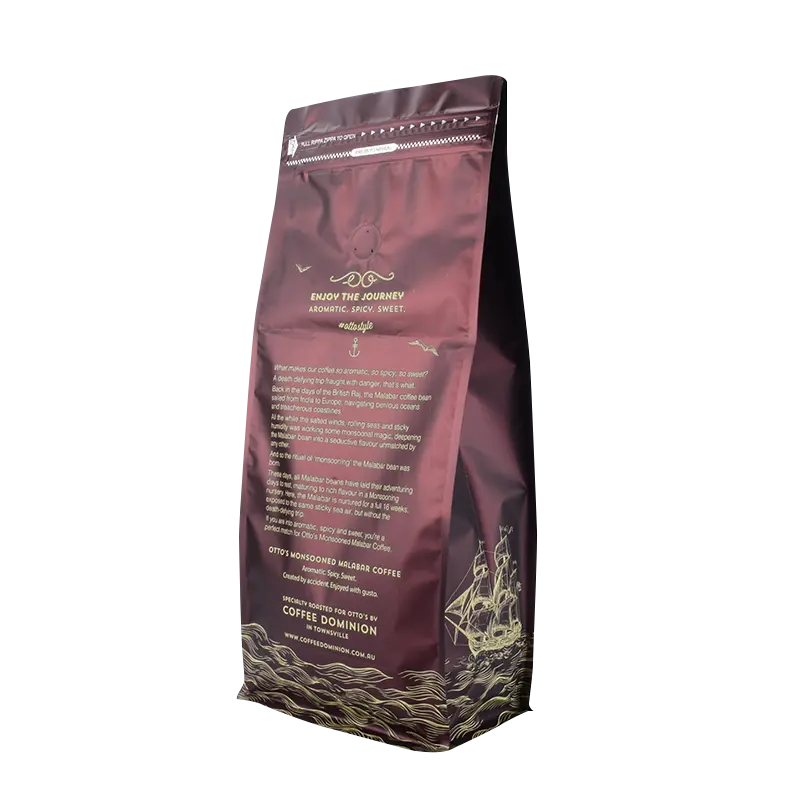 Nuova personalizzazione Eco Friendly stampa completa 100G 130Micron oro opaco OPP/PA/PE finitura opaca sacchetti di caffè a fondo piatto con valvola