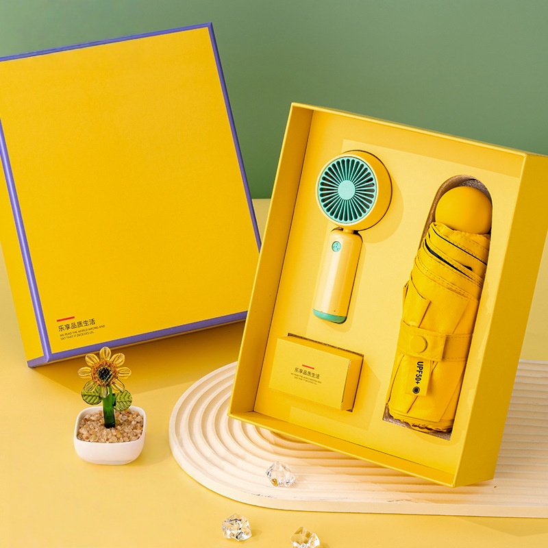 Ventilateur électrique jaune + parapluie ensoleillé