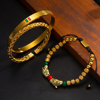 Ensemble de bracelets ouverts tendance en acier inoxydable tressé avec pierres naturelles à double tête de léopard, style européen et américain, pour le marché transfrontalier