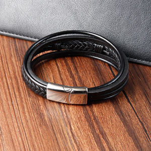 Bible verset chrétien classique croix hommes Bracelet noir tissé en cuir véritable corde chaîne Bracelet en acier inoxydable bijoux OT-166 - Product Image 5