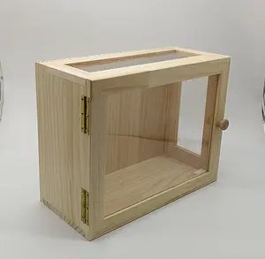Scatola di legno non finita scatola di immagazzinaggio di legno con coperchio scorrevole in acrilico trasparente espositore di scatole di ombre artigianali in legno