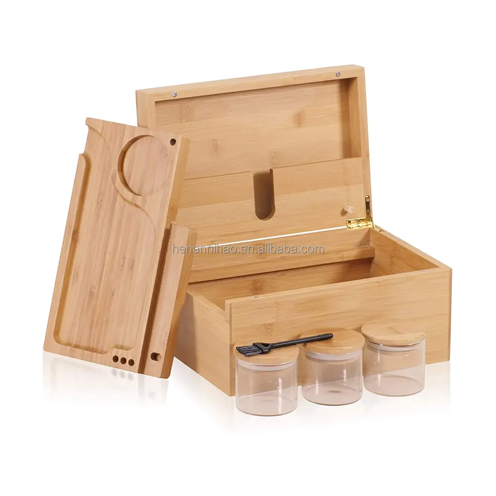 Wooden Bamboo Stash Storage Box With Sliding No Mess Rolling Tray, Brush & Airtight Smell Proof Herb Jars