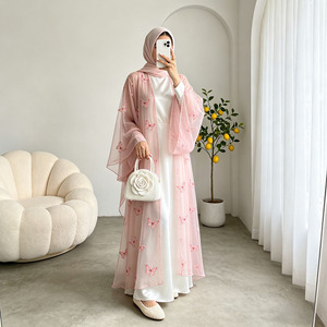 Eid Ramadan Pink Butterfly lace Embroidered Abaya <b>Set</b> Women Luxury Robe 2 Pieces <b>Modest</b> Dress Wholesale - Product Image 1