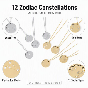 Collar con Moneda del Zodiaco Personalizado OEM, Chapado en Oro, Acero Inoxidable, 12 Signos del Horóscopo Grabados, Colgante de Disco, Joyería para Mujer - Product Image 1