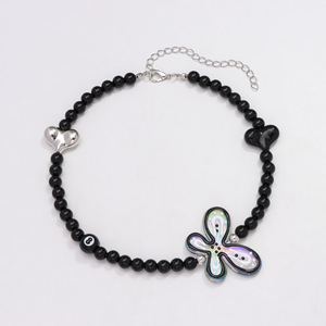Conjunto de collar y pulsera con cuentas de corazón y mariposa, aleación de zinc, negro, para mujer, joyería de moda para fiestas - Product Image 6