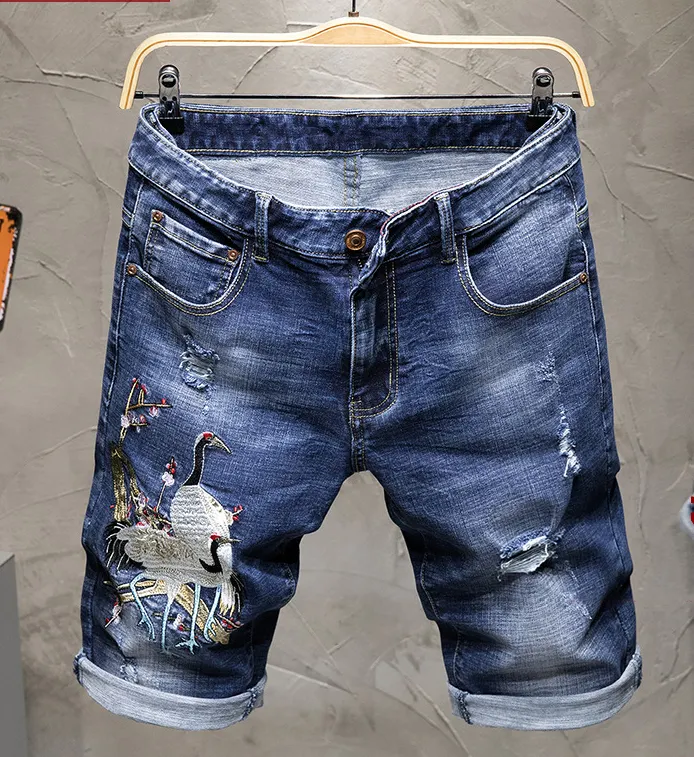 High Quality Fashion Men Short Jean Blue Embroidery Man Short Jeans Straight Casual Denim Jeans Men Shorts Ripped Short Pants