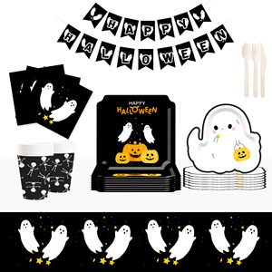 DAMAI Customized Halloween Theme Little Ghost Paper Tableware Set Disposable Paper Plates Cups Napkins Set - Product Image 1