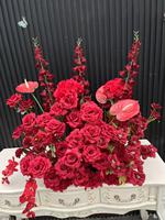 Arco de Flores Artificiales de Hortensias Rojas, Arreglo Floral Artificial de Hortensias y Orquídeas Rojas, Duradero, de Alta Calidad, para Bodas