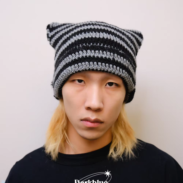 Korean Style Hip-Hop Jacquard Knit 100% Acrylic Beanie Hat Cat Ear Design Warm Headwrap Adults Casual Japanese Street Style