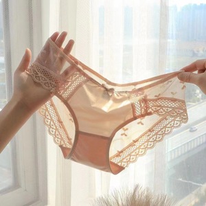 Wholesale Solid <strong>Panties</strong> Shiny Satin Nylon Front Sheer Mesh With <strong>Tiny</strong> Bow Print Scalloped Lace Trim Low Rise Women Underwear - Product Image 2