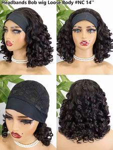 Perruque à ondulations lâches personnalisée avec bandeau, cheveux humains Remy bruts, 14 pouces, sans dentelle, fournisseur en gros, livraison directe - Product Image 4