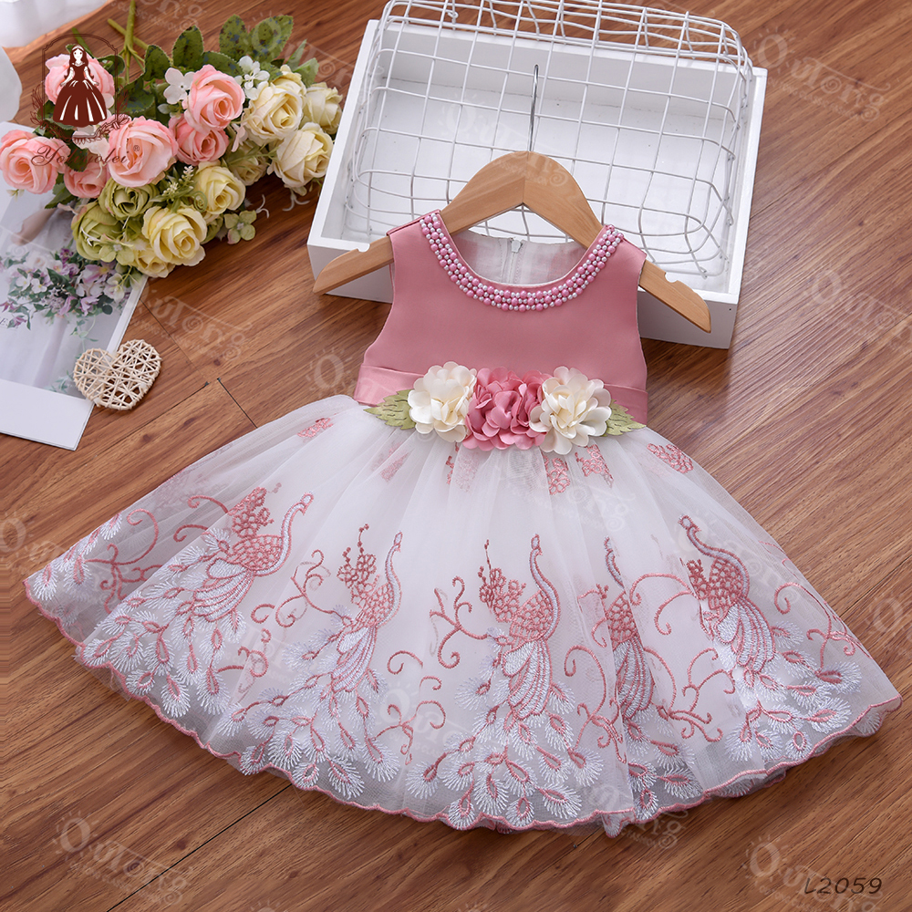 Модное официальное бальное платье с воротником из бисера для младенцев и детей малышей с вышивкой на 1-й День рождения маленькое свадебное платье для девочек с цветами
