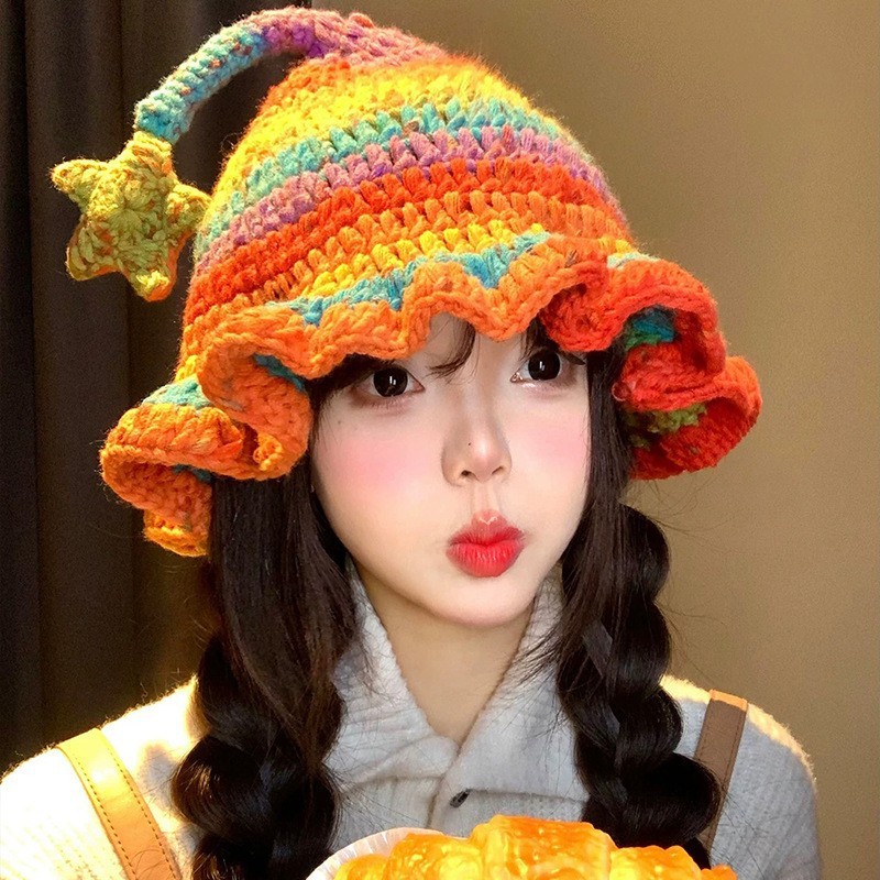 2026 Handmade Crochet Hat Conical Rainbow Color Ruffled Brim 