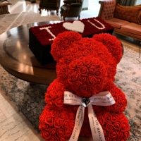 Hflora Ours en peluche de 25 cm avec roses artificielles – Coffret cadeau pour anniversaire, fête des Mères, Saint-Valentin – Décoration événementielle longue durée