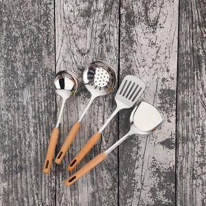 Ustensiles de cuisine en acier inoxydable avec manche en bois : Spatule ajourée, Spatule plate, Louche à soupe, Écumoire, Outils de cuisine à long manche - Product Image 3