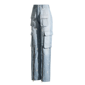 Pantalones Rectos de Estilo Urbano Vintage con Diseño de Cremallera, Jeans Desgastados con Agujeros para Mujer, a la Moda - Product Image 3